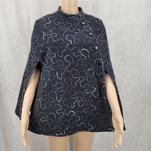 Vintage Wool Blend Charcoal Gray Cape with Button Details Felted Design